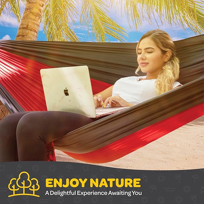 Durable Hammock 400 lb Capacity, Nylon Camping Hammock Chair - Double or Single Sizes w/Tree Straps and Attached Carry Bag - for Travel/Backpacking/Beach/Backyard (Medium, Black & Light Grey) Sewanta