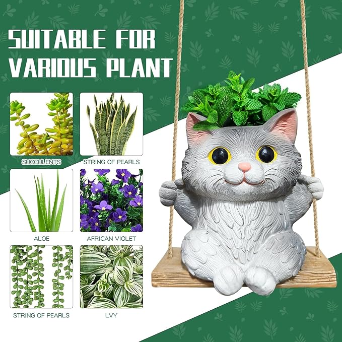 Cat Hanging Planters for Indoor Outdoor Plants, Small Cute Hanging Pots for Succulent, String of Pearls Plant, Resin Hanging Flower Pots with Drainage Hole, Unique Gift, Garden Home Decor Pyoimmne