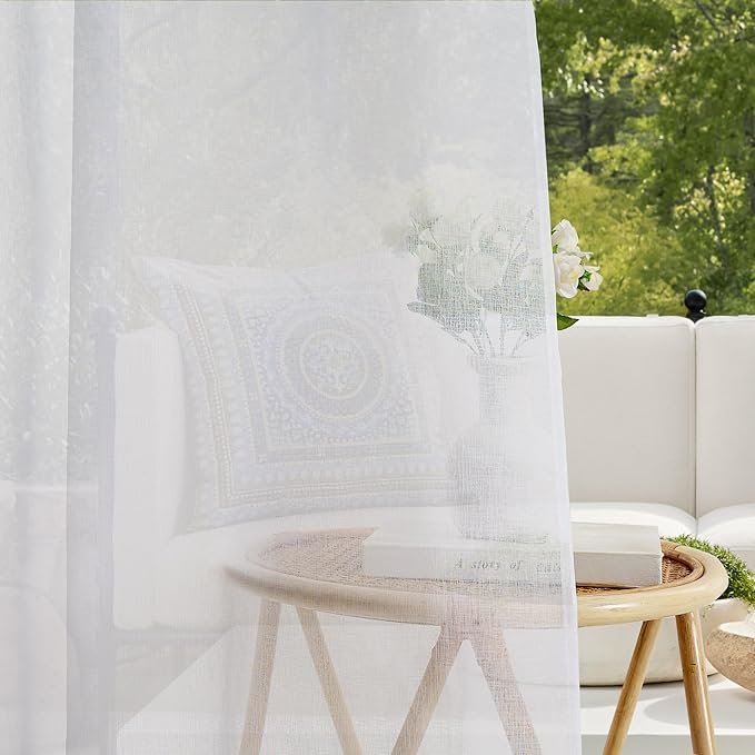 RYB HOME 2 Panels Pergola Curtains Outdoor - Linen Look Waterproof White Sheer Curtains Half Privacy Outdoor Curtains for Patio Porch Pool Hut Spa, 54 inches Wide x 96 inches Long RYBHOME