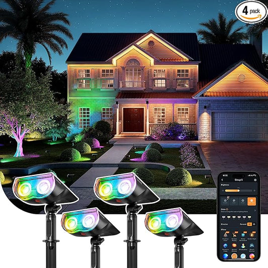 Linkind Smart Solar Spot Lights Outdoor SL5C, Solar Lights Outdoor Spotlight Cool/Warm White/Color Changing, APP/Voice Control IP67 Landscape Lighting for Yard, Garden, Pathway(4 Pack) Linkind