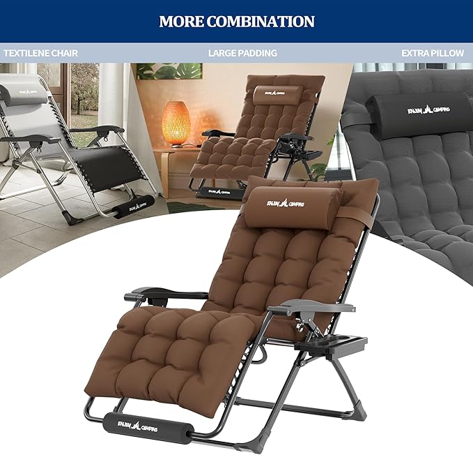 UDPATIO Oversized Zero Gravity Chair Set of 2, 29In XL Patio Reclining Chair with Cushion, Outdoor Folding Recliner with Pillows|Cup Holder|Foot Rest|Padded Headrest, Brown, Support 500LB UDPATIO