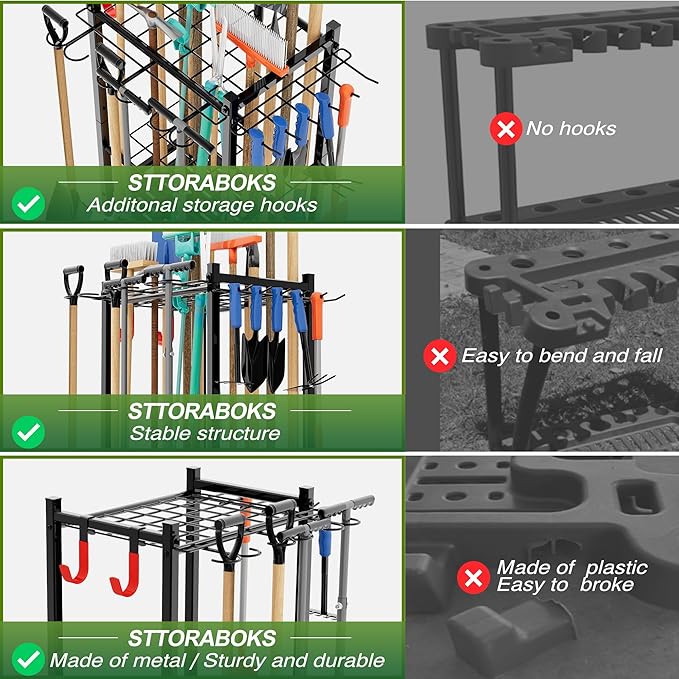 Garden Tool Organizer Rack Up to 50 Tools, Heavy-Duty Steel Yard Tool Organizer for Garage Storage with 11 Hooks, Broom Holder & Garden Tool Rack for Shed, Patio, Outdoor Use, Black Sttoraboks