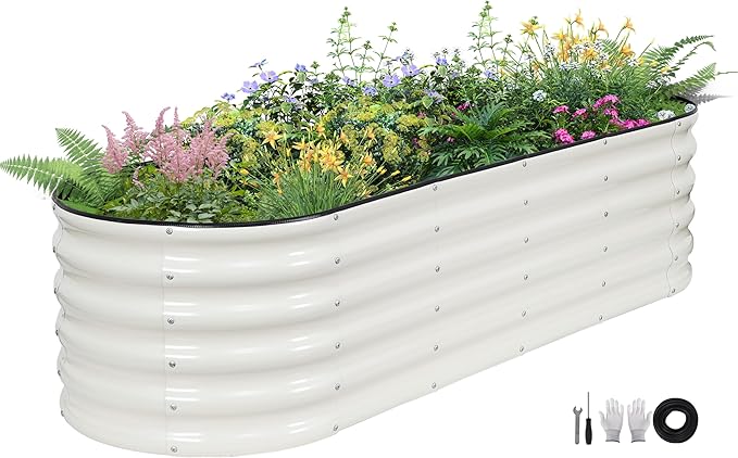 Galvanized Raised Garden Bed - 6×2×1.4ft Planter Raised Beds for Gardening | Oval Metal Garden Planter Box with Safety Edging and Gloves for Vegetables Fruits and Flower White BIRDSINYARD