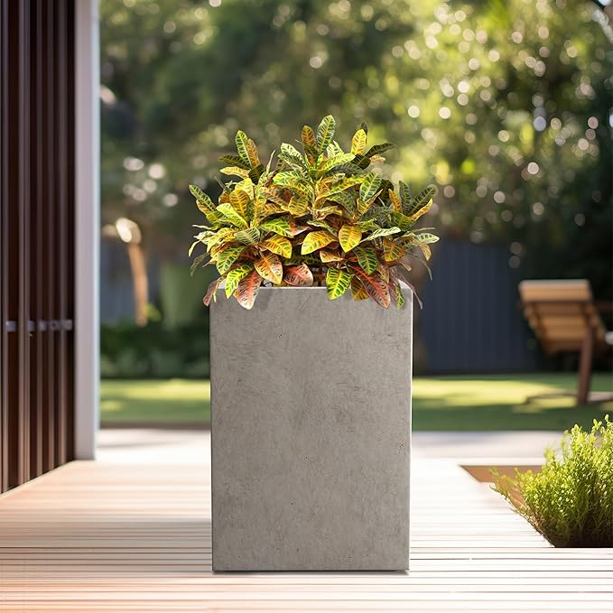 Kante 15.7" H Tall Rectangular Concrete Planters, Outdoor Indoor Lightweight Plant Pots with Drainage Hole and Rubber Plug, Modern Style for Home Garden Patio, Weathered Concrete Kante