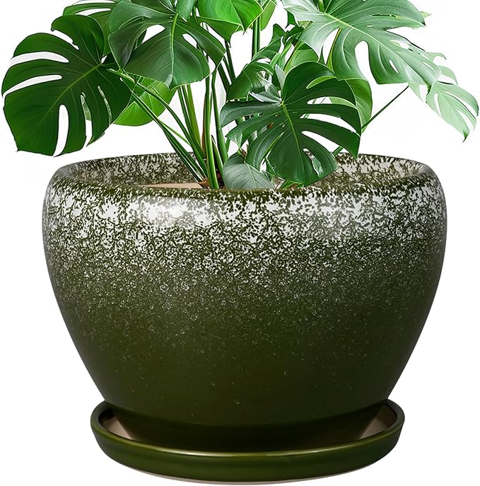 10 Inch Planter Pot - Ceramic Pots for Plants with Drainage Hole and Saucer, Round Large Flower Pot for Indoor Plants, Dark Green Ceramicfor