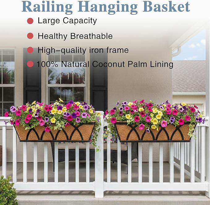 Window Deck Railing Planters Boxes with Coconut Liner, The Bottom Flat Window Boxes Planter Flower Boxes Metal Black Balcony Planters Railing Hanging for Outdoor Fence Porch Patio Lawn(2Pcs 30 Inch) EIMQUVW