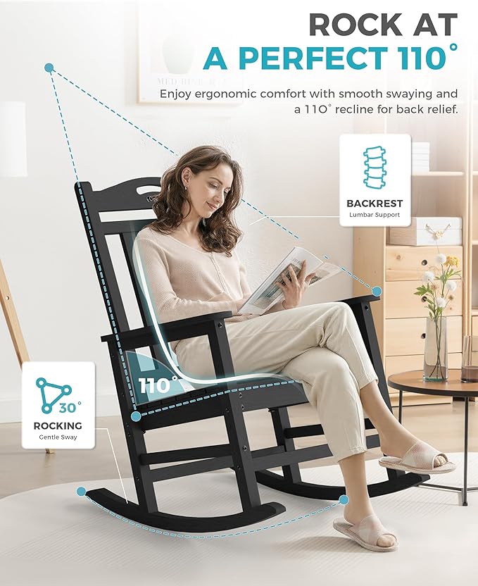 Ciokea Oversized Outdoor Rocking Chair, 380lbs Heavy-Duty Large Patio Rocker, Weather Resistant & Anti-Fade Porch Chair, High Back Cozy Rocking Chair for Outside, Fire Pit, Deck, Garden, Black CIOKEA