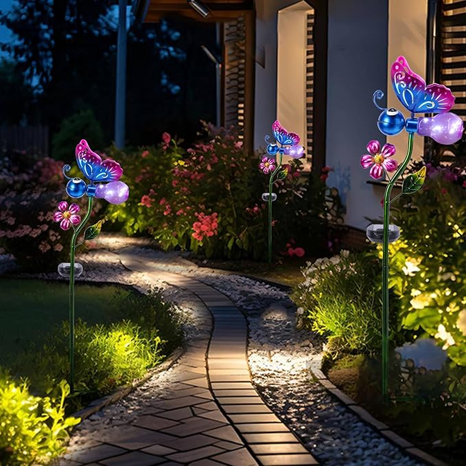 VCUTEKA Solar Garden Lights Metal Flower Decor Colorful Solar Pathway Light with LED Cracked Crystal Ball Outdoor Decorative Stake for Patio Yard Lawn Garden Decor (Purple) VCUTEKA