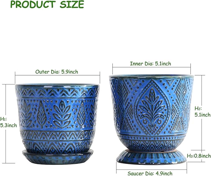 Gepege Beaded Ceramic 6 Inch Planter Set of 2 with Drainage Hole and Saucer for Plants, Indoor-Outdoor Large Round Succulent Orchid Flower Pot (Blue, Inner-pots not Larger Than 5 Inch) Gepege