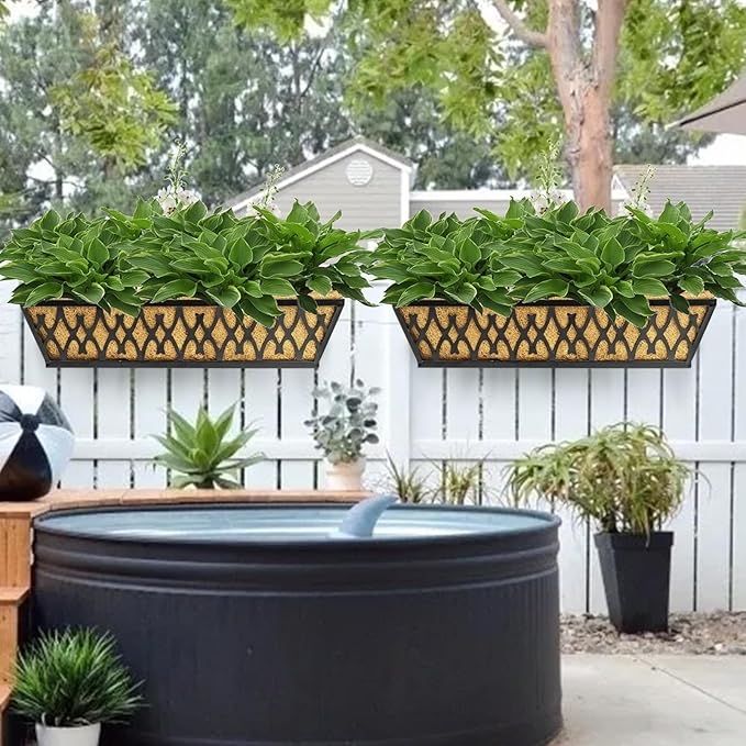 2 Pack 30 Inch Window Boxes Planters Railing Planter Box with Adjustable Brackets for Porch Fence Patio Balcony Hanging Flower Baskets with Coco Liners for Outdoor Garden Decor - Black KarlliuHOMEGARDEN