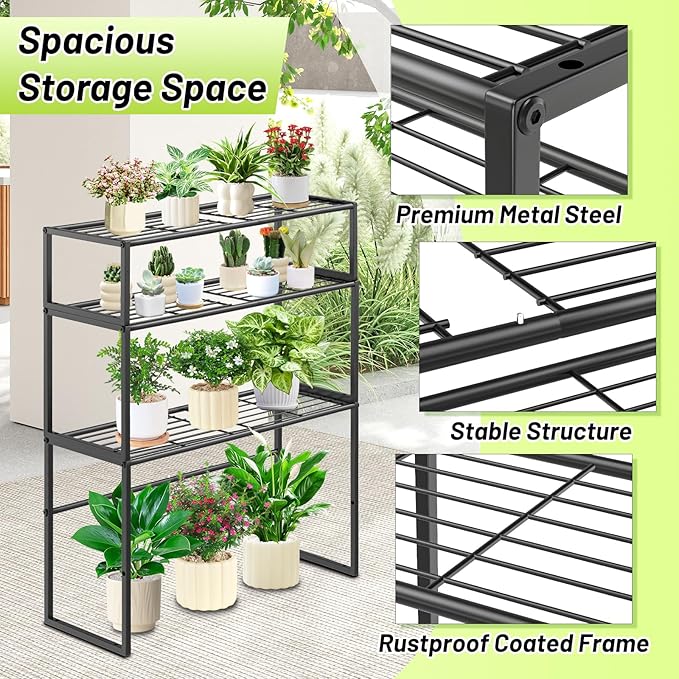 Metal Plant Stand Indoor Outdoor, 3 Tier Potted Multiple Flower Pot Holder Rack Plant Shelf, Heavy Duty Planter Display Shelving for Patio Balcony Garden Living Room Decorative (Black-3 Tier) Gouisalin