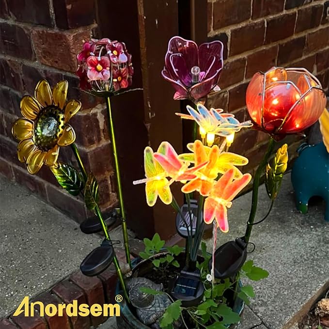 Anordsem Solar Garden Lights Outdoor: 8 Removable Fiber Optic Fabric Dragonflies 4 Pack - Waterproof Fun Animal Decoration for Yard Patio - Gardening Gifts for Garden Lovers Anordsem