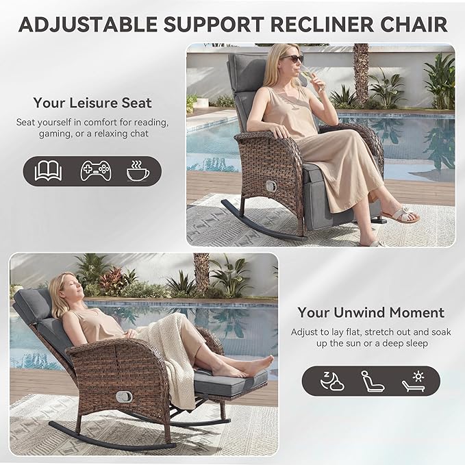 Zero Gravity Patio Rocking Wicker Recliner Chair - Wicker Outdoor Lounge Chair with Adjustable Backrest & Footrest, All Weather Reclining Rocker Chairs with Thick Cushion for Pool Deck Gray JelwalyPatioFurnitureSet