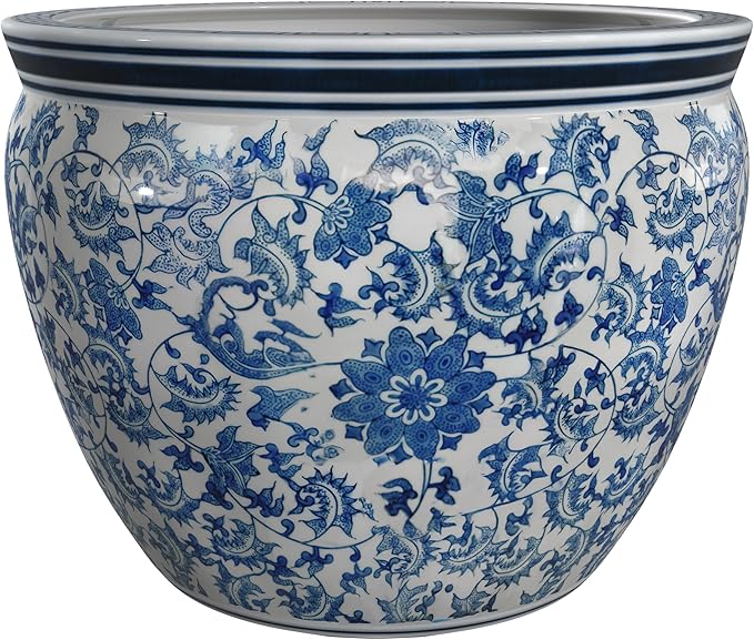 Red Lantern 16" Floral Blue & White Porcelain Fishbowl Planter RedLantern