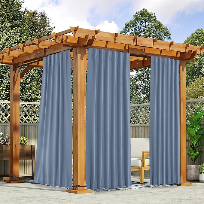 NICETOWN 2 Panels Outdoor Curtains Waterproof Pocket & Back Tab on Top & Bottom, Thermal Insulated Fixed Windproof Outdoor Drapes Privacy for Patio with Rope for Fixed, W52 x L108, Stone Blue NICETOWN