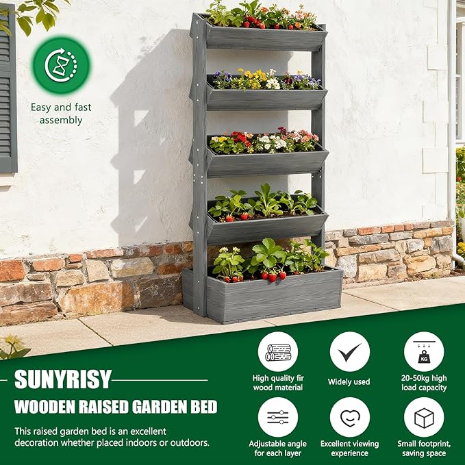 SUNYRISY 5 Tiers Vertical Raised Garden Bed Outdoor Planter Tower, Wooden Freestanding Planter Box for Planting Herbs Flowers Vegetables Patio Balcony Indoor Outdoor Gardening, Grey SUNYRISY