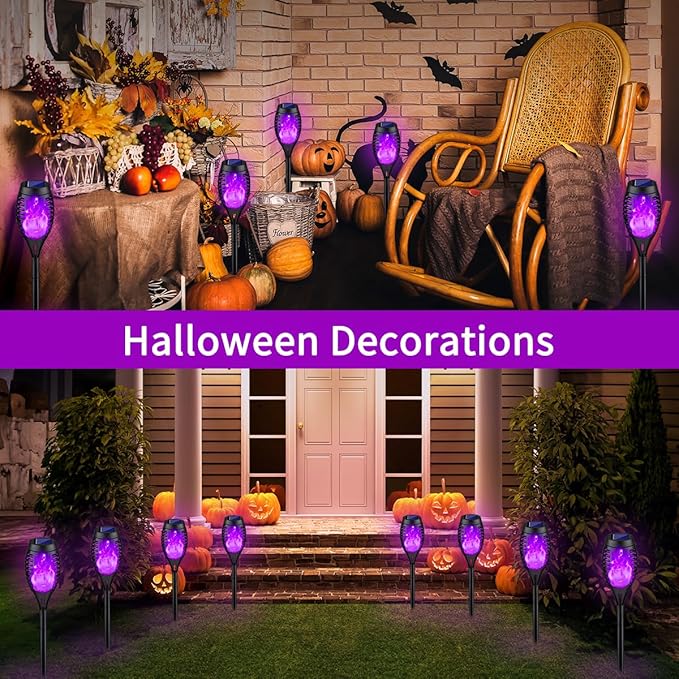 8Pack Halloween Decorations Outdoor, Halloween Solar Lights with Purple Flame for Yard Decor, Waterproof Solar Garden Lights for Outside Decor, LED Flame Torches for Pathway Yard Decorations Outdoor Kurifier
