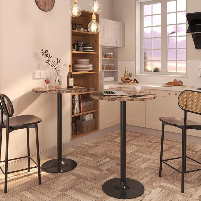 Furmax Bistro Pub Table Round Bar Height Cocktail Table for Home Bar, Round Bar Tables for Party, Dining Room, Living Room and Wedding, Metal Base MDF Top Obsidian, 40.6 Inch Height (2, Faux Marble) Furmax