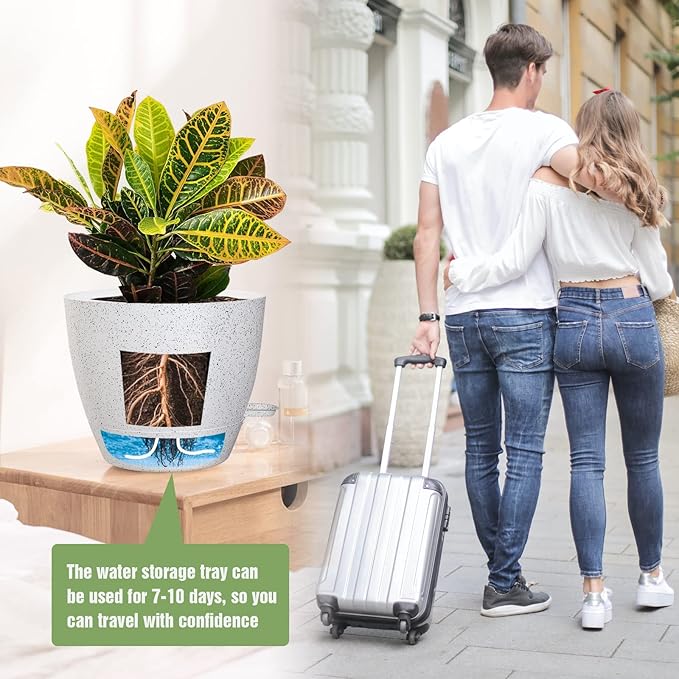 Large Self Watering Pots, 12/10/9 Plastic Planters with High Drainage Holes and Deep Reservoir for Indoor Outdoor Garden Plants and Flowers, White Speckles UOUZ