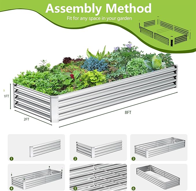 2PCS 8x2x1FT Galvanized Raised Garden Bed, Galvanized Planter Raised Garden Boxes Outdoor, Large Metal Raised Garden Beds for Vegetables-Silver AyenGuard