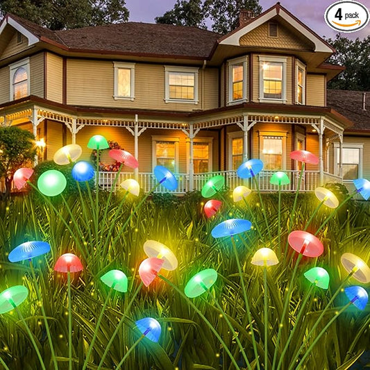 4PK 32LED Solar Garden Lights Outdoor, Mushroom Solar Lights Outdoor, IP65 Waterproof Firefly Light Outside Decor for Patio Pathway, Sway by Wind for Pathway Garden Mushroom Decorations, Multicolor KAQ