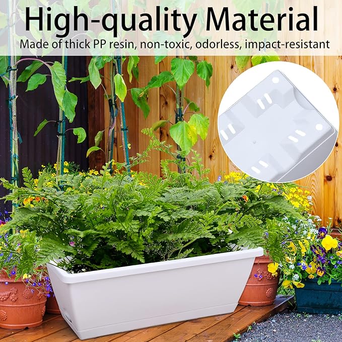 Window Box Planter, 7 Pack Plastic Vegetable Flower Planters Boxes 17 Inches Rectangular Flower Pots with Saucers for Indoor Outdoor Garden, Patio, Home Decor (White) CHUKEMAOYI