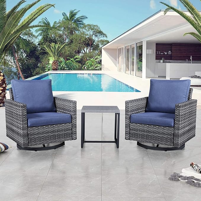 Belord Outdoor Bistro Set 3 Piece Wicker Swivel Rocker Patio Chairs, Oversize Outdoor Rattan Seating Set, Patio Swivel Glider Chairs Wicker Furniture with Metal Side Table for Outside Porch Backyard Belord
