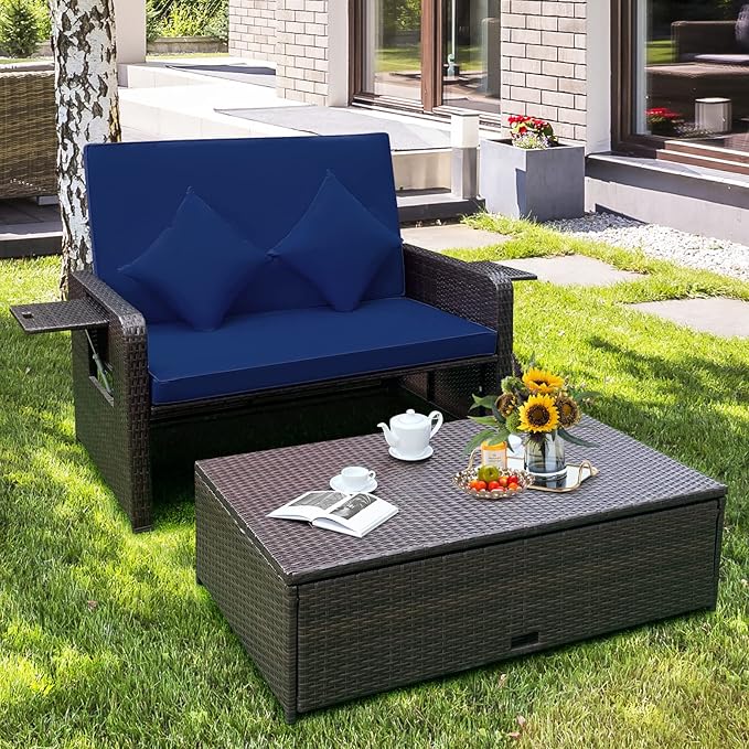 Tangkula Patio Rattan Daybed with 4-Level Adjustable Backrest, Outdoor PE Wicker Loveseat with Storage Ottoman & Folding Side Tray, Double Sunbed Lounger for Balcony, Backyard & Poolside, Navy & Brown TANGKULA