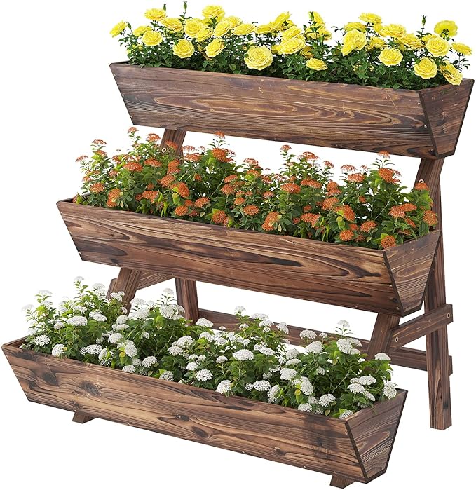 3-Tiers Wooden Raised Garden BedPlanter Box Gardening Outdoor Planter Box Patio Kit Tiered Planter Box Vertical Garden Planter Wood Plant Stand for Patio, Balcony, Freestanding (Carbonized L) Dawnyard