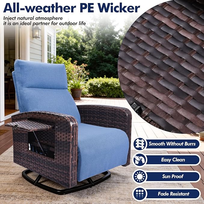 Outdoor Recliner Chair Set of 2, Wicker Patio Recliners with Adjustable Backrest and Extended Foot Rest, Reclining Patio Chairs with Flip Table & Removable Cushion Cover for Porch zzw