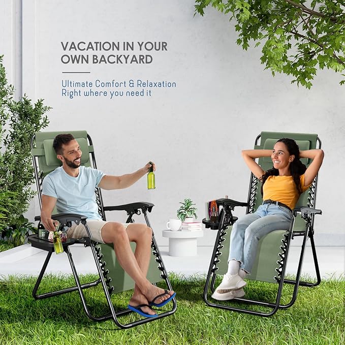 Nestl Zero Gravity Chairs Set of 4, Patio Lounge Chair Outdoor with Pillows & Cup Holder Trays, Adjustable Steel Mesh Reclining Camping Chair, Folding Patio Lawn Chair for Deck, Beach - Sage Green Nestl