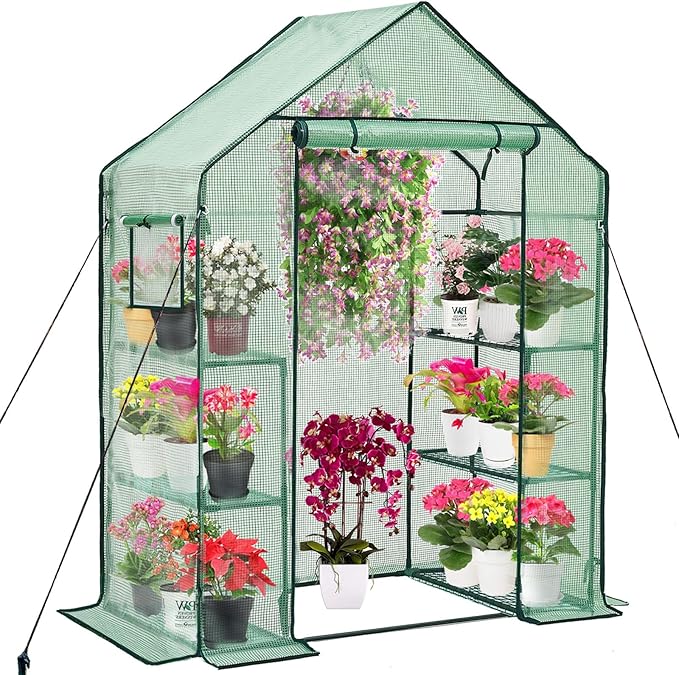 Walk-in Greenhouse for Outdoors w/ Mesh Side Windows, 3 Tiers 6 Shelves PE Cover Green House Portable Warm House for Seedling Flowers Growing 20 Pcs T-Type Plant Tags Include (GHW001G) Purlyugreenhouse