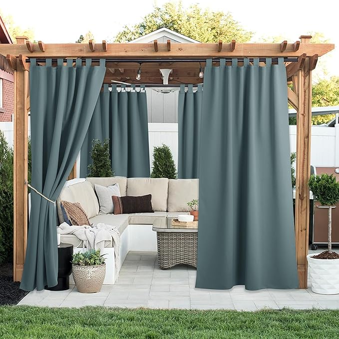 NICETOWN 2 Panels Greyish Blue Porch Curtainss Outdoor Waterproof for Patio, Self-Stick Tab Top Blackout Heat & Cold Block Indoor Outdoor Curtainss & Drapes Privacy for Pergola/Patio, W52 x L108 NICETOWN