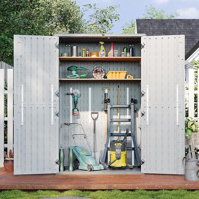 Aoxun Outdoor Storage Shed, 64 Cu.Ft Vertical Storage Sheds Outdoor with Floor, Outdoor Waterproof Storage Cabinet for Garage Storage, Pool Storage, Bike Shed, Garden Shed (White) Aoxun