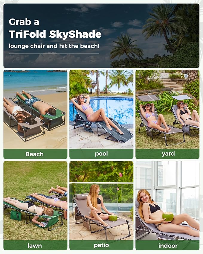 KingCamp Tanning Chair with Face Hole, Lounge Chairs Outdoor Folding Comfy Adjustable 5-Position Foldable Chaise Chaser with Canopy Shade for Outside Beach Patio Sun Bathing Pool, Green/White KingCamp