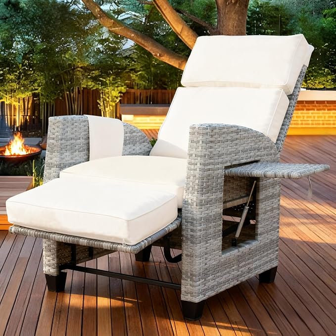 Outdoor Wicker Recliner Chair, 145° Patio Lounge Chair with 4" Cushion, Adjustable Backrest & Footrest, Flip-up Table & Side Pocket for Backyard, Deck, Balcony, Terrace, Poolside Rootora