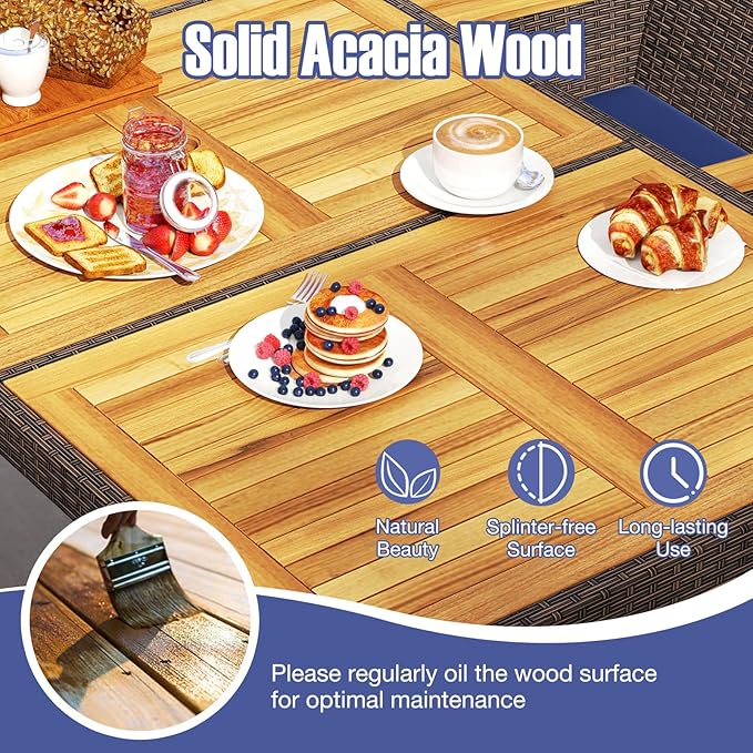 Tangkula 9 Pieces Rattan Outdoor Dining Set for 8, Outdoor Acacia Wood Table Set with 8 Cushioned Wicker Chairs, Umbrella Hole, Patio Dining Furniture Set for Deck Pool Backyard TANGKULA