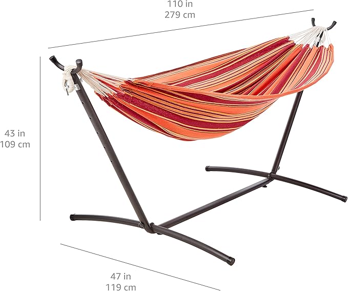 Amazon Basics Double Hammock with 9-Foot Space Saving Steel Stand and Carrying Case, 2 Person, 450 lb Capacity, Sunset Orange Stripe, 110" x 47" x 43", Outdoor AmazonBasics