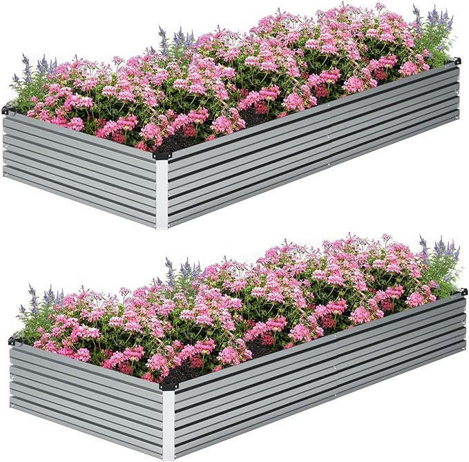 8×2×1FT(2PCS) Galvanized Raised Garden Bed Kit, Metal Planter Boxes，Large Outdoor Planters Garden for Planting Vegetables,Flowers,Herbs -Silver ZUNUDA