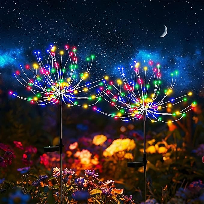 2 Pack Solar Firework Lights Outdoor - Verified 200 LED & 8 Modes - Starburst Solar Powered Garden Lights, Reinforced Durable Stakes, Waterproof Pathway Walkway Lights for Yard Patio Decor colcutee