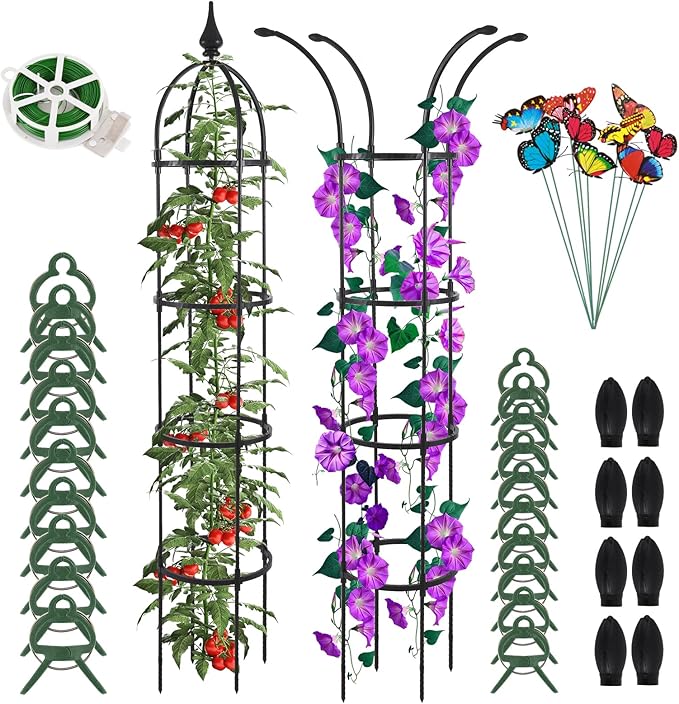 Obelisk Trellis for Climbing Plants Outdoor 6.6ft, Garden Tower Trellis for Potted Plants Indoor with Twist Tie, Clips and Butterflies Rustproof Coated Metal Support for Vines Rose 2Pack WellSign
