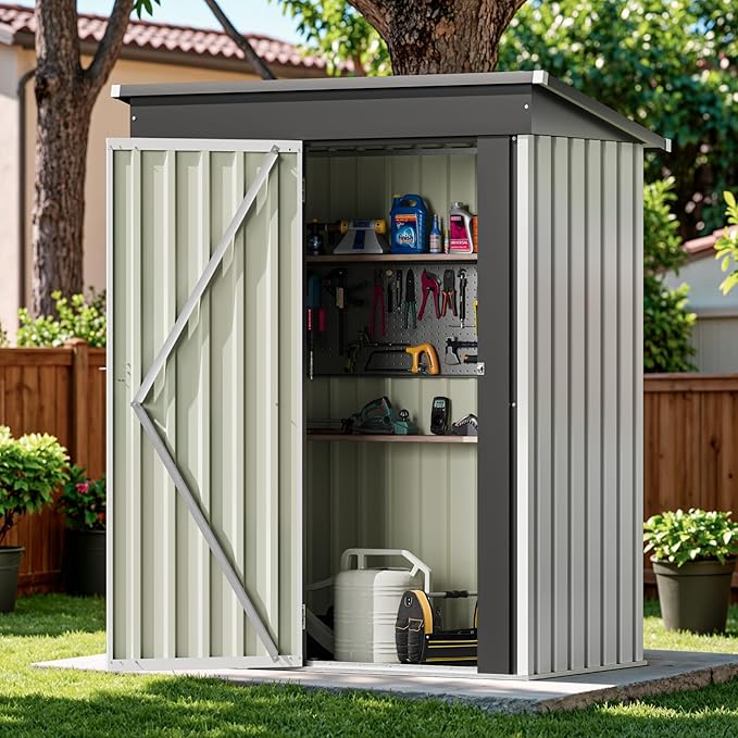 Devoko Outdoor Storage Shed 5 x 3 FT Lockable Metal Garden Shed Steel Anti-Corrosion Storage House with Single Lockable Door for Backyard Outdoor Patio (White) DEVOKO