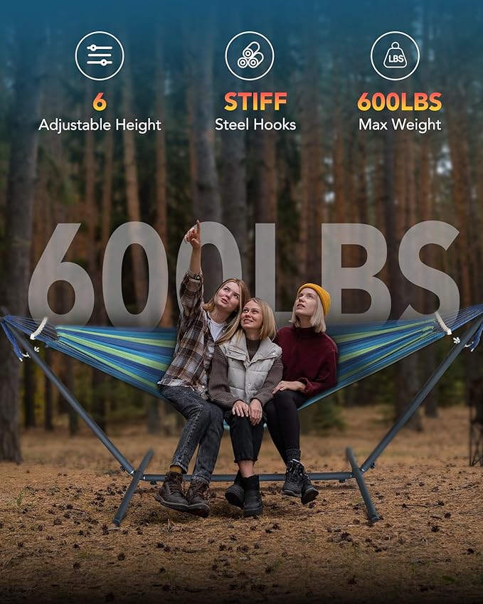 Double Hammock with Space-Saving Steel Stand, 2 Person Heavy-Duty Hammock for Garden, Yard or Outdoor, 600lbs Capacity, Wide Blue Rootora