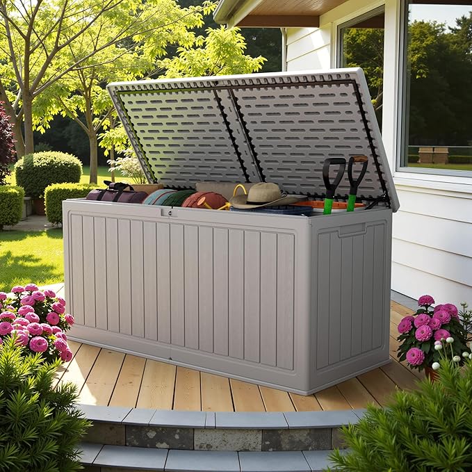 Devoko 260 Gallon Double-Wall Deck Box with Divider, Side Handles, Resin Outdoor Large Storage Box Waterproof and Lockable for Patio Furniture, Garden, Pool (Grey, 260 Gallon) DEVOKO