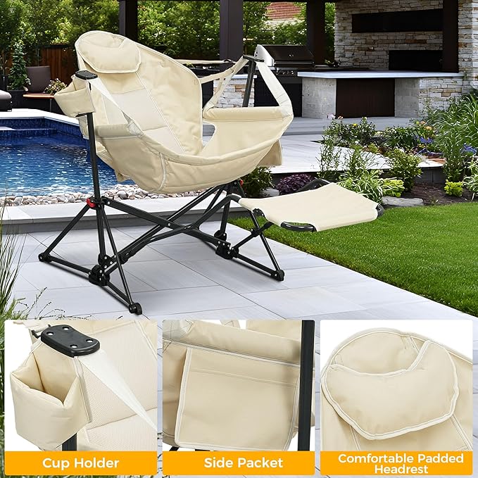 Ainfox Hammock Camping Chair with Footrest, Foldable Portable Rocking Chairs for Adults Outside Swinging Camp with Cup Holder Pillow for Outdoor Patio Poolside (Beige) Ainfox
