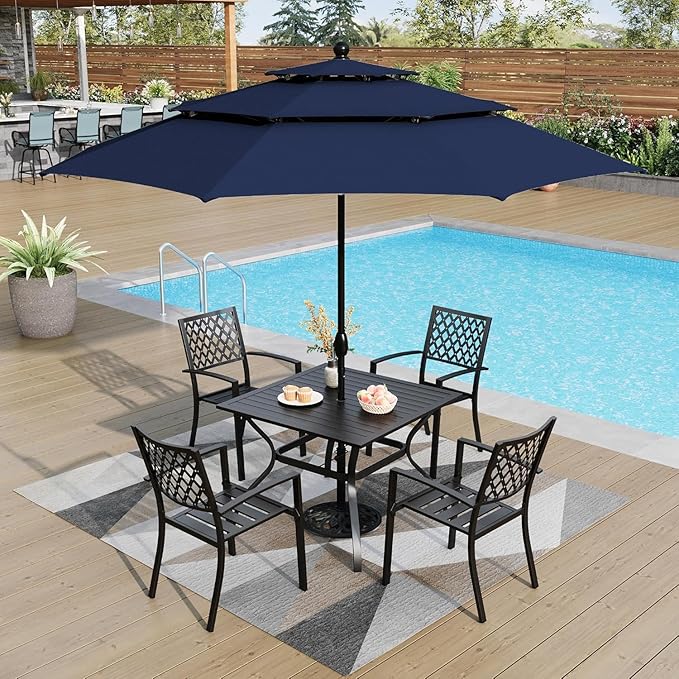 PHI VILLA 37 Inch Outdoor Dining Table Metal Steel Slat Square Patio Dining Table with 1.57" Umbrella Hole for Garden, Backyard and Porch (Classic Black) PHIVILLAThepioneerofcomfortablehouseholdsupplies