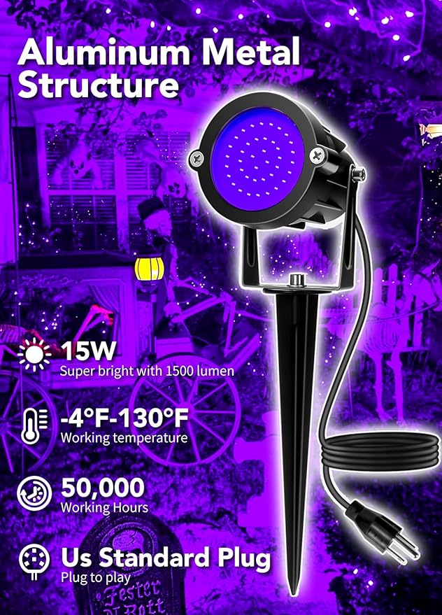 Elenora Halloween Spotlights Outdoor, 15W LED Black Light/Blacklight for Glow Party Body Paint Fluorescent Poster, 110V Plug-in Spot Light IP65 Waterproof Landscape Lighting for Yard Garden, 1 Pack Elenora
