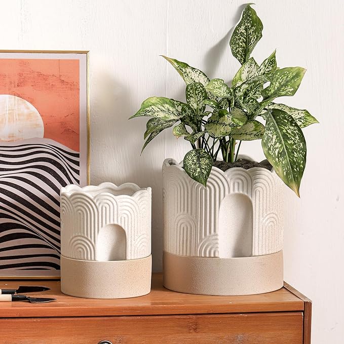 Nihow Self Watering Plant Pot for Indoor Plants : 6 Inch & 8 Inch Ceramic Planter with Drainage Hole & Water Storage - Relief Design Beige & Nature Flower Pot -Set of 2 Nihow