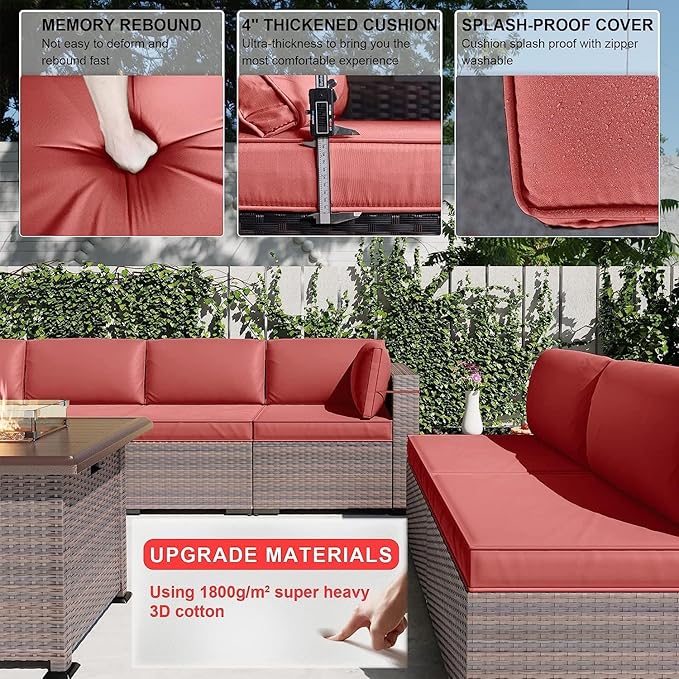Kullavik 13 Pieces Outdoor Patio Furniture Set with 43" 55000BTU Gas Propane Fire Pit Table PE Wicker Rattan Sectional Sofa Patio Conversation Sets,Red KULLAVIK