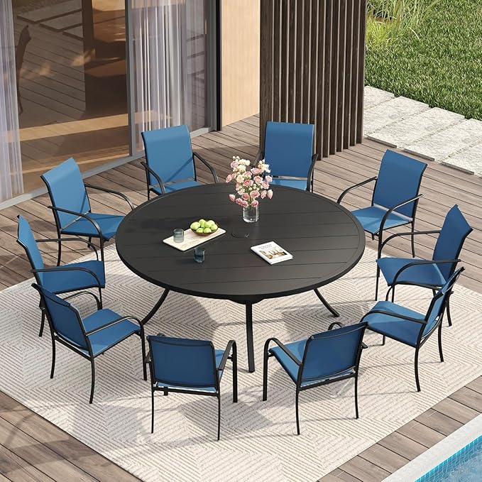 VICLLAX Large Patio Dining Furniture Set, Outdoor Dining Set for 10-60" Round Outdoor Table and Patio Stackable Chairs, Black Tabletop and Blue Fabric HOME